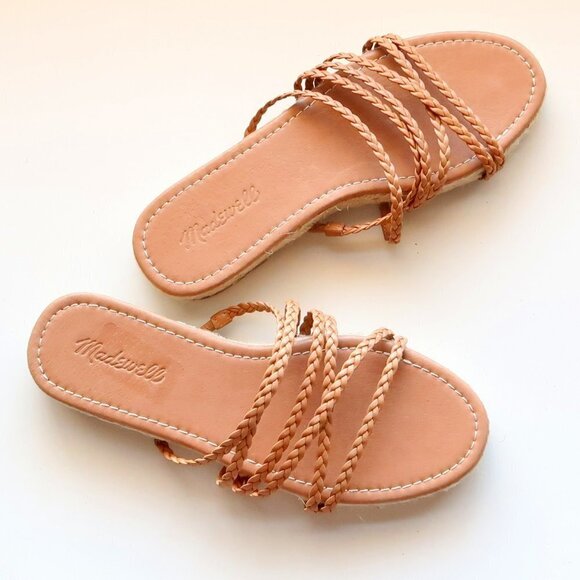 NEW Madewell Kathryn Tan Leather Braided Strappy Espadrille Sandals / Slides - Picture 2 of 16